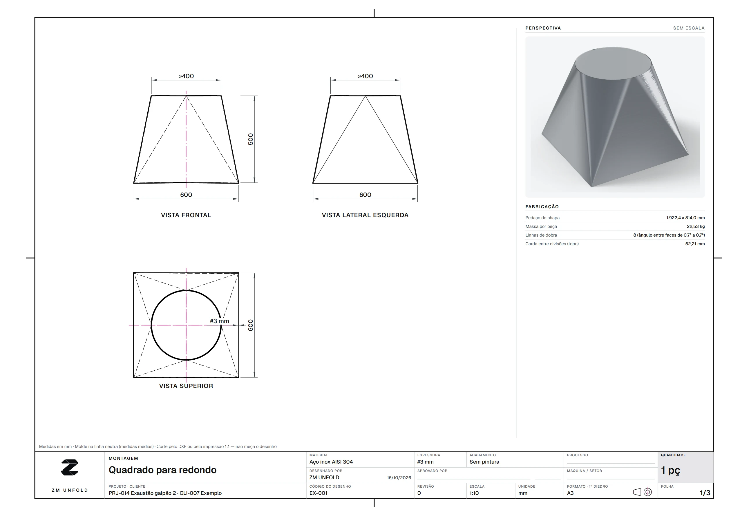 Folha A3 de desenho técnico do ZM UNFOLD: montagem da transição quadrado para redondo